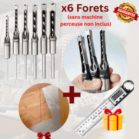 6 Forets à Mortaise Carrée Acier Carbone🔥 (Sans Machine⚠️)  + Rapporteur d'Angle Numérique 360° 🎁